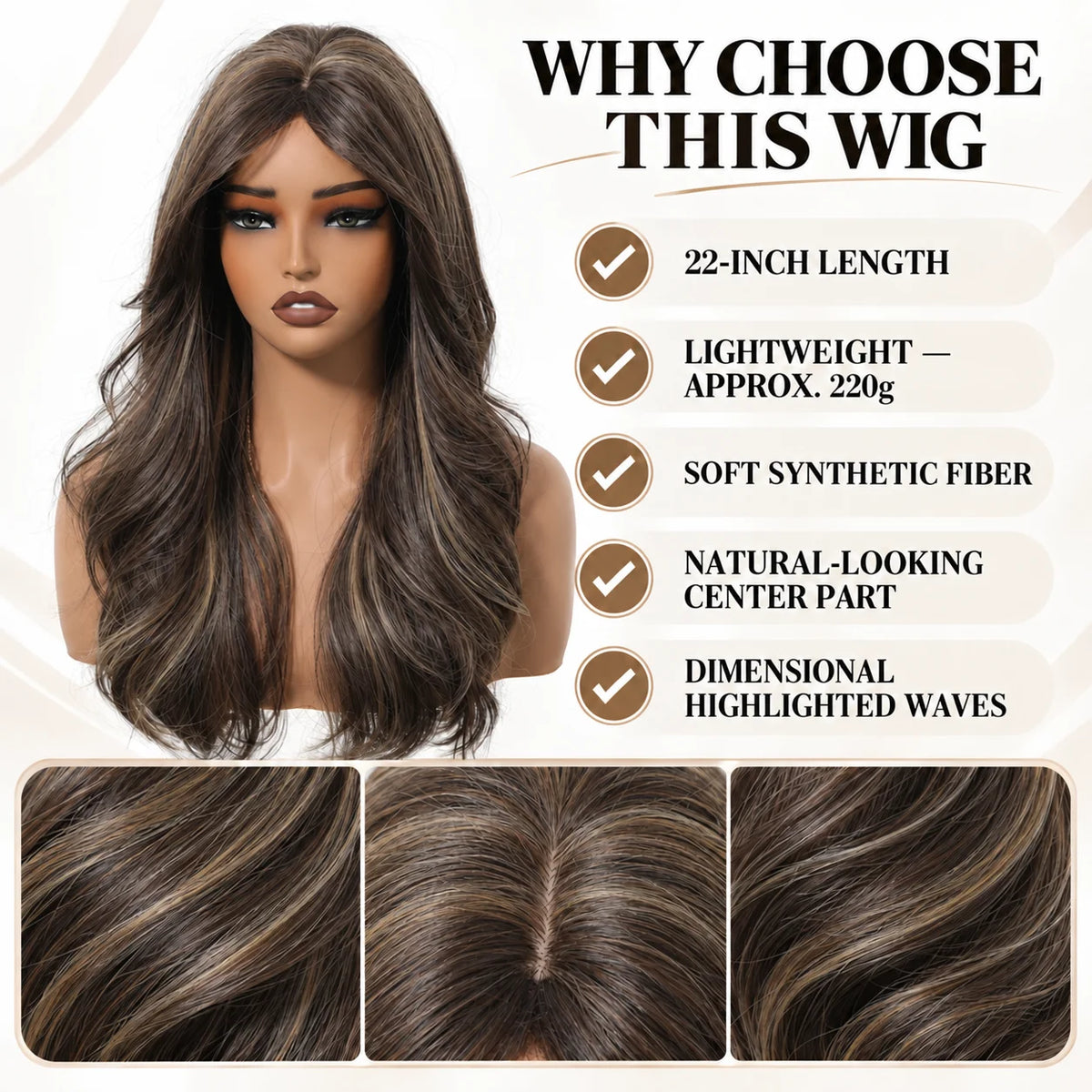 Halloween Wig TopShe Long Wavy Synthetic Hair 22 Inch Dimensional Highlighted Brown Wigs Natural Looking Center Part Layered Waves for Women Party Daily Wear Soft Heat Resistant Hairpiece Fancy Dress Up Style Fall Winter Cost