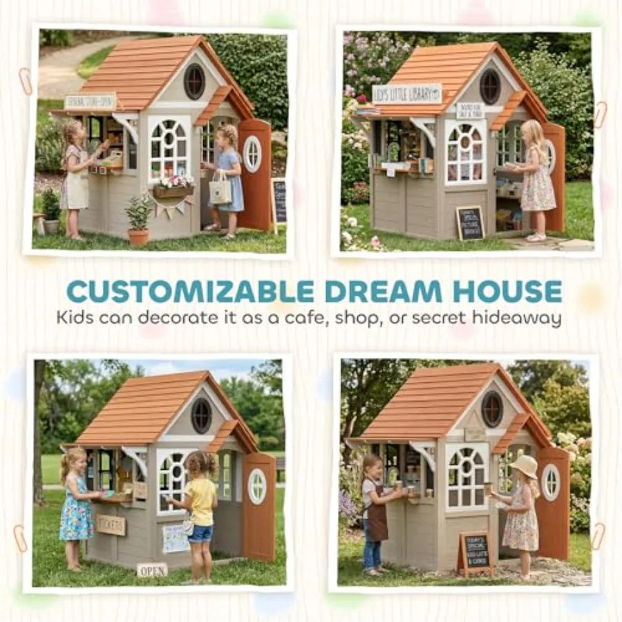 Outdoor Wooden Playhouse For Kids Aged 2+, Gray Finish, Includes Dog Door, Blackboard, Clock, Tic-Tac-Toe Roller, Cookware, Ide