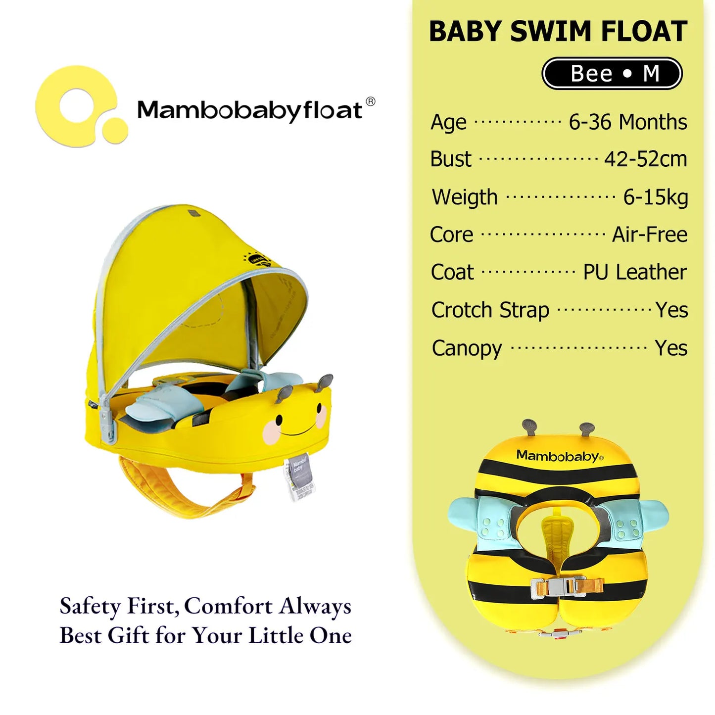 Mambobaby Float with Crotch Strap UPF50+ Canopy Air-Free Non-Inflatable Baby Swimming Ring Toddler Pool Float Infant Water Ring