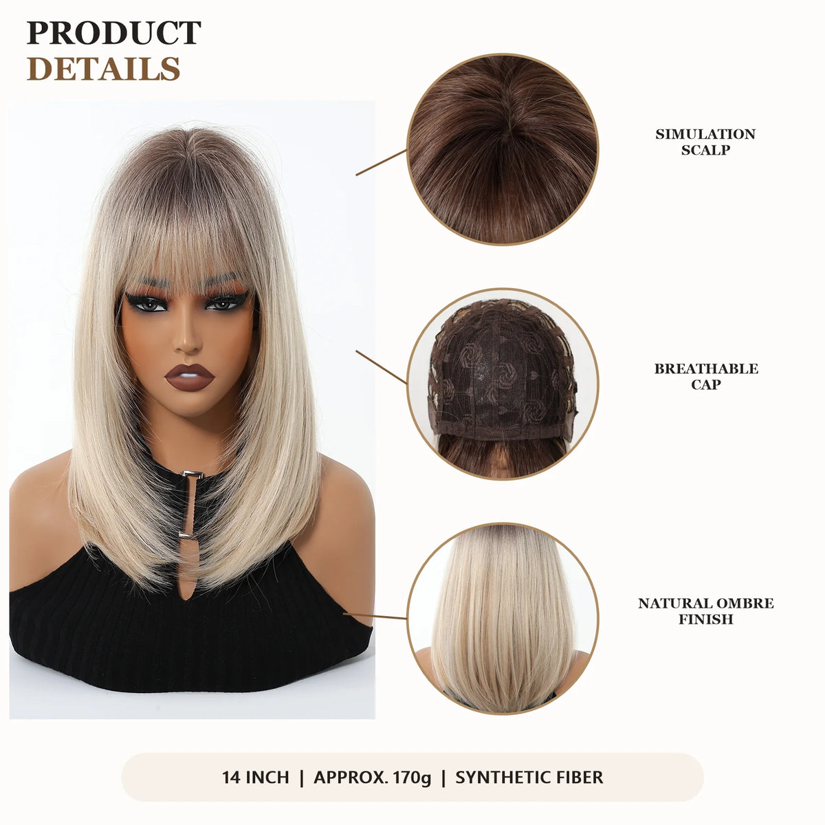 Halloween TopShe14 inch Blonde Bob Wig for Woman Straight Synthetic Wig with Bangs Blonde with Dark Roots Heat Resistant Wigs for Women Cosplay Costume Party Daily Wear Natural Looking Soft Full Head Fiber Wigs Fashion Gradie