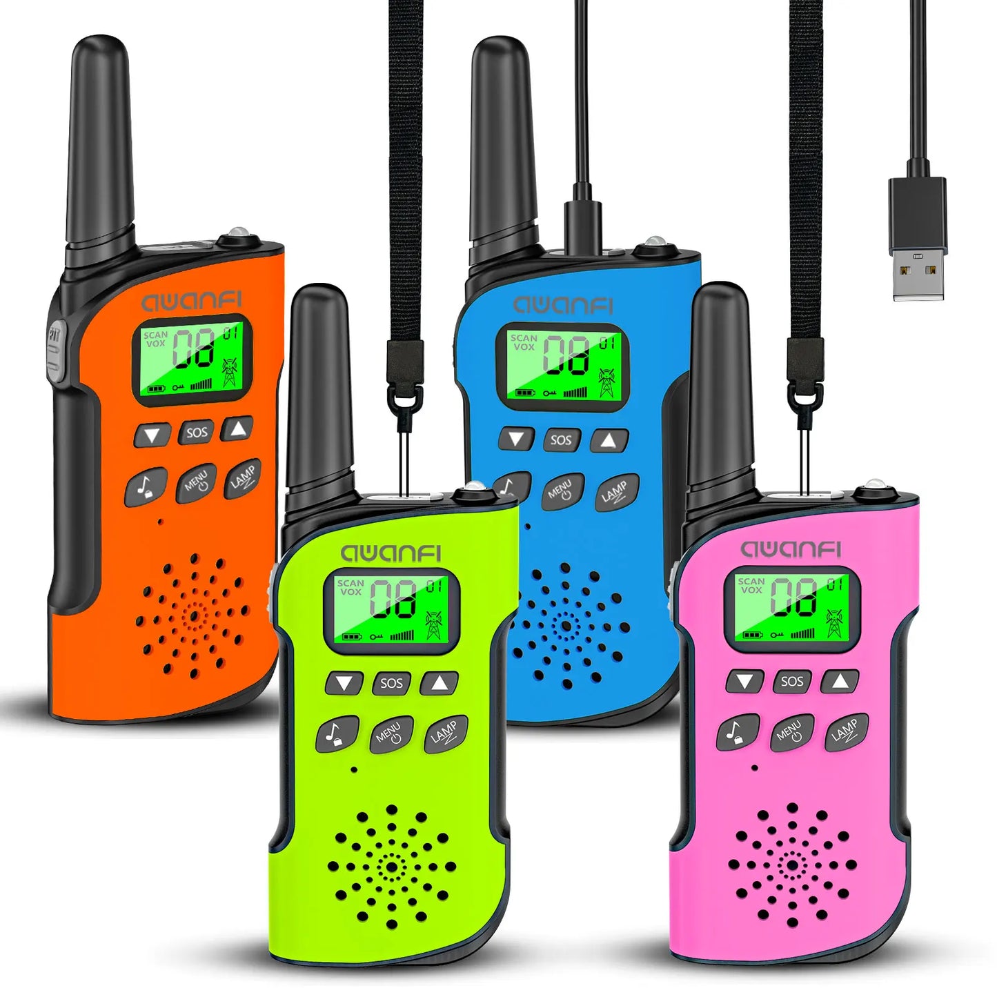 AWANFI Walkie Talkies 4 Packs Rechargeable  for kids, Long Range Flashlight 8 Channel, USB Type C for Camping, Hiking, Gifts
