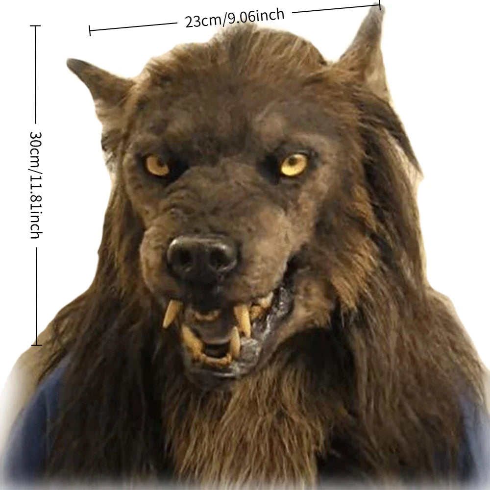 Hot‑selling Animal Latex Simulated Wolf Head Mask Hood with Brown Hair, Halloween Cosplay Mask for Adults