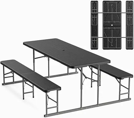 Folding Picnic Table and Bench Set, Portable Outdoor Dining Furniture for Camping, Patio, Backyard, Wood Grain Plastic