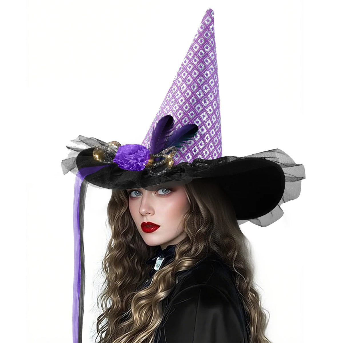 Women Halloween Witch Hat, 6 Styles Black Orange Purple Pointed Witch Hats with Spider Web Lace, Flower, Feather and LED Light Decor, Halloween Party Cosplay Costume Accessory