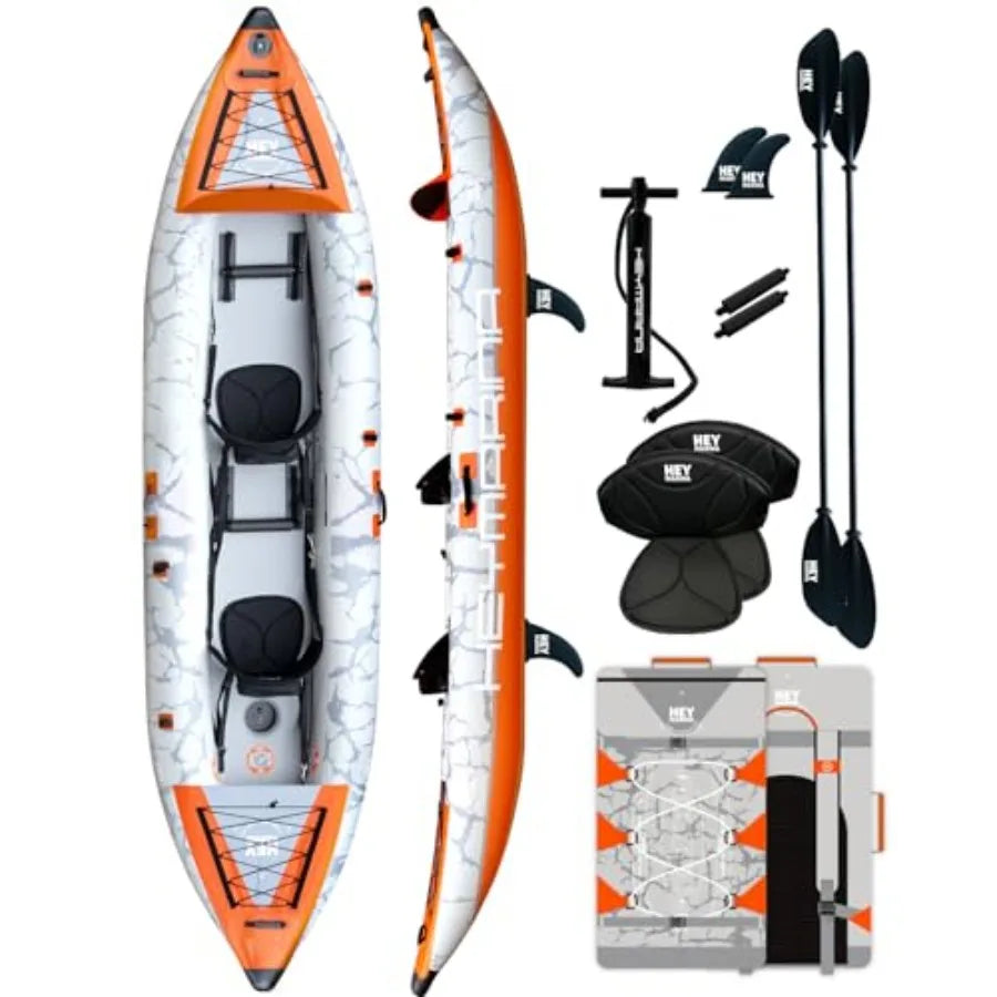 Tandem Fishing Kayak For Adults, Inflatable Portable Touring Canoe With Dual Floats, Drop-Stitch Floor And Fish Measuring Ruler