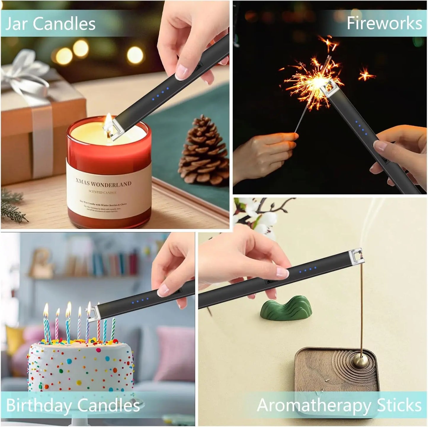 Rechargeable Electric Lighter with Battery Indicator and Safety Switch for Candles, BBQ, Camping