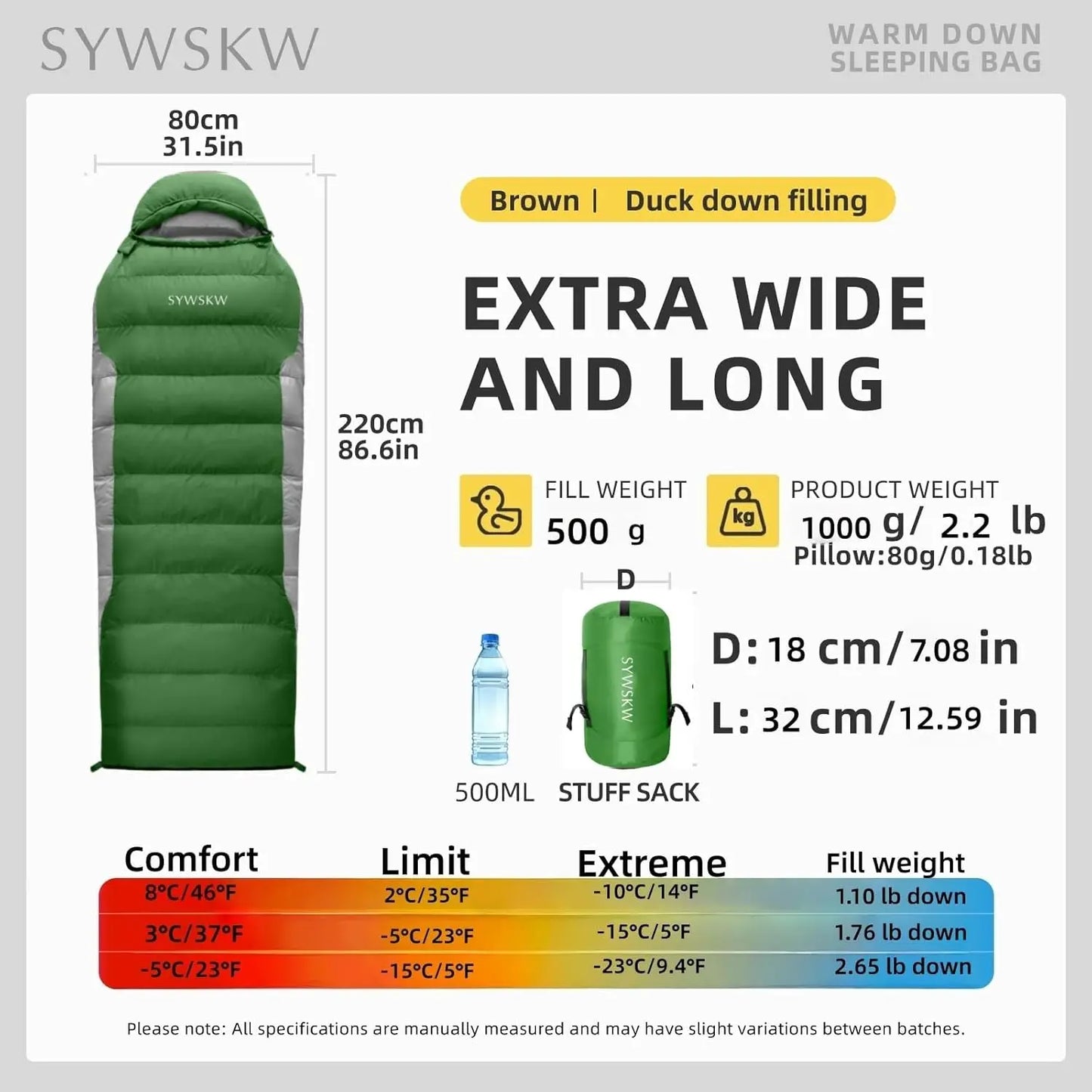 Down Sleeping Bag with Pillow, Ultralight 680FP Duck Down, 15°F/32°F/46°F 3-Temperature Rating for Backpacking Hiking Camping, Women Men Youth