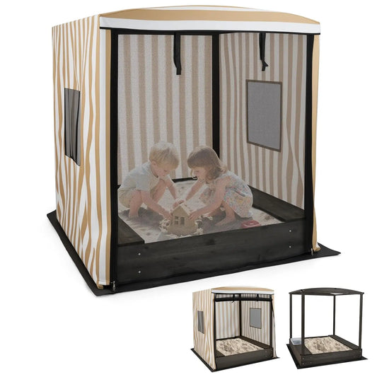 Kids Wooden Sandbox with Canopy, Large Sand Pit w/Mesh Door, Windows, Bench Seats, Foldable Storage Box & Bottom, Customized
