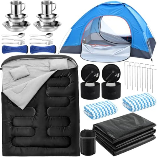18 Pcs Camping Tent Set for 2-3 Person Include Tent Sleeping Bag Waterproof Camping Tarp Stainless Steel Mess Kit with Mug Bowl