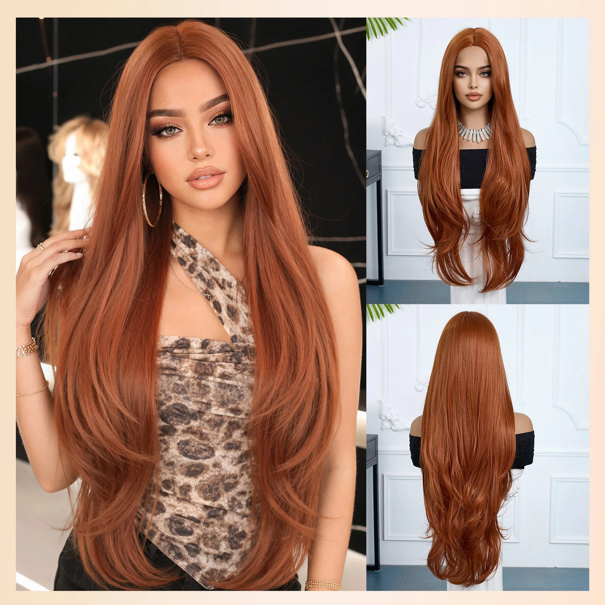 Halloween Wig Brown Synthetic Wig Ginger Orange Long Straight Wig for Woman Heat Resistant Fiber Copper Red Long Layered Straight Middle Part Wig Suitable for Cosplay Party Costumes Daily Wear Natural Looking