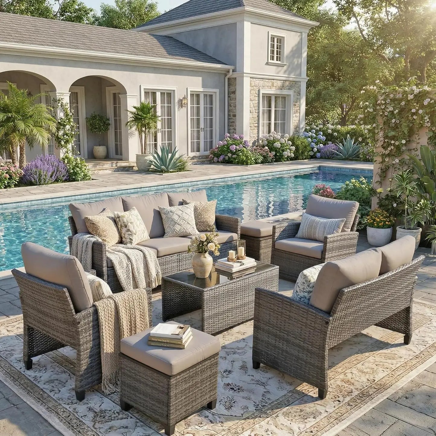 7 Piece Outdoor Wicker Patio Furniture Set, Rattan Sectional Sofa Conversation Set with Coffee Table & Cushions,