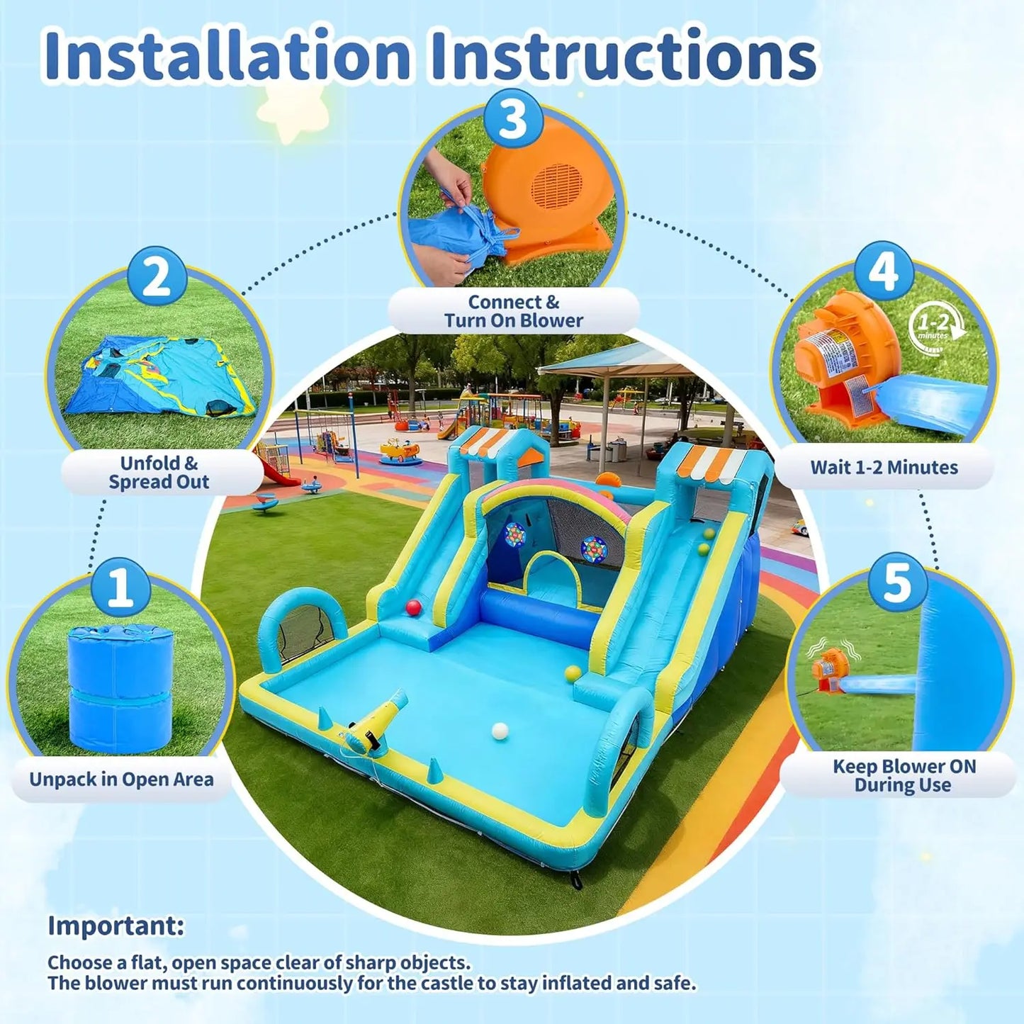 Double Water Slide Inflatable Bounce House for Kids,Premium Oxford Bouncy Castle with Blower,Play Center for Backyard Family Fun