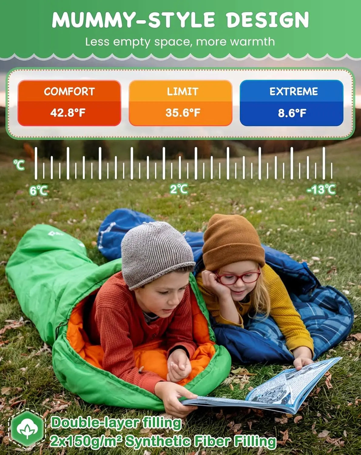 Lightweight Waterproof Flannel Sleeping Bag for Kids – Compact Camping Gear for Youth, 45°F Cold Weather Warmth, Fits Ages 10-12, Height 4'7"-5'5"