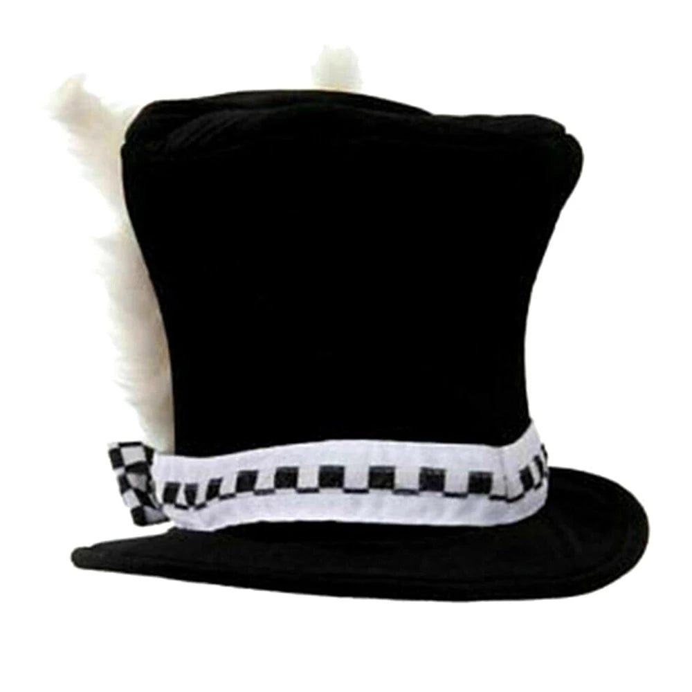 Alice in Wonderland White Rabbit Top Hat Plush Bunny Ears Black Velvet Tall Hat Checkered Bow Tie Cosplay Costume Hat for Halloween Easter Party Fancy Dress