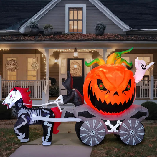 8 Ft Long Pumpkin Carriage Halloween Inflatables Outdoor Decorations Blow Up Pumpkin Carriage with Build-in LEDs Blow Up for Yard, Halloween Inflatables Party Decoration Outside Garden Lawn