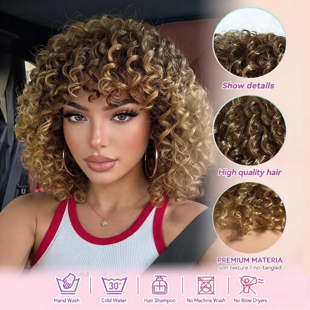 Halloween Wig TopShe 10In Goth Afro Puff Wig Brown Kinky Curl Women Synthetic Wigs Heat Resistant Short Kinky Curly Bob Wig with Bangs for Women's Daily Wear Suitable for Parties Cosplay Daily Wear