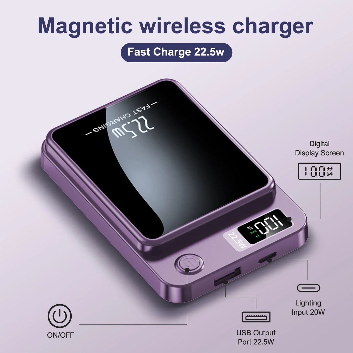 Magnetic Wireless Power Bank Fast Charging PD 22.5W 10000mAh Portable Charger USB-C External Battery For Iphone Huawei Samsung