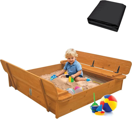 Large Wooden Kids Sandbox with Lid - Outdoor Sand Box for Kids with Cover Sand Protection, Foldable Bench Seats and Bottom Liner
