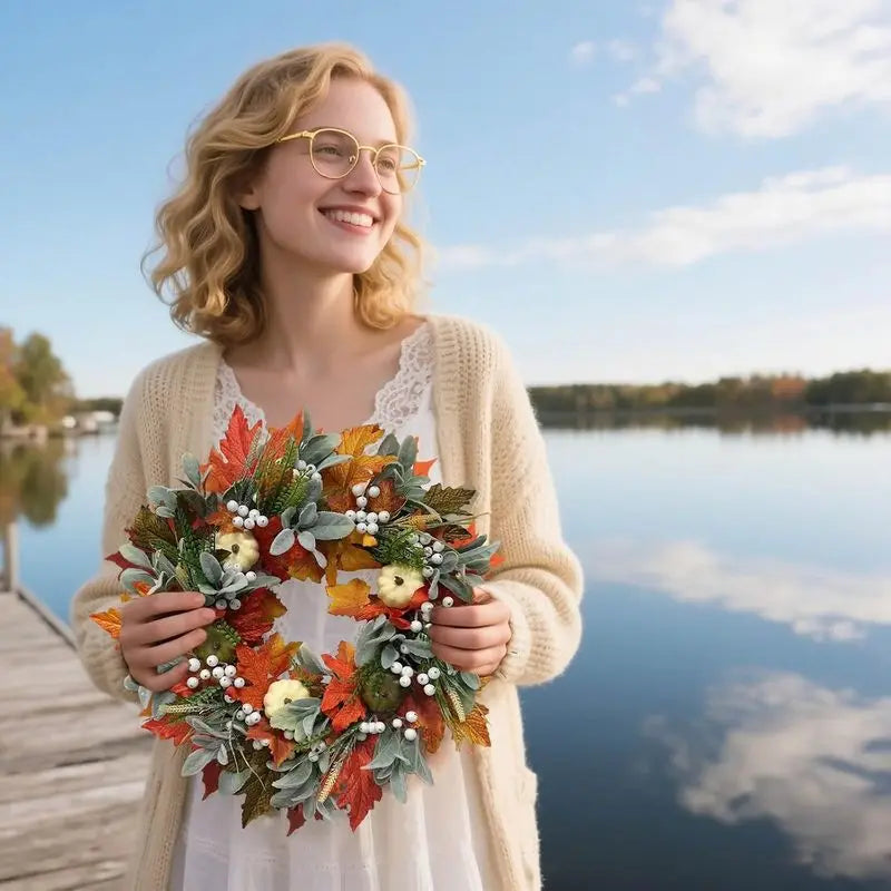 Fall Wreaths for Front Door,Thanksgiving Autumn Door Wreath with Maple Leaf,Pumpkin,Berries and Green Leaves,Pumpkin Fall Leaves Wreaths for Front Door,Wall and Fireplace