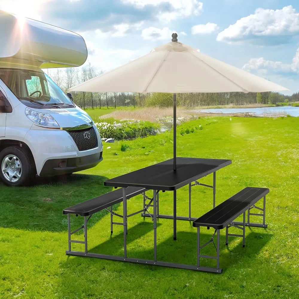 Folding Picnic Table and Bench Set, Portable Outdoor Dining Furniture for Camping, Patio, Backyard, Wood Grain Plastic