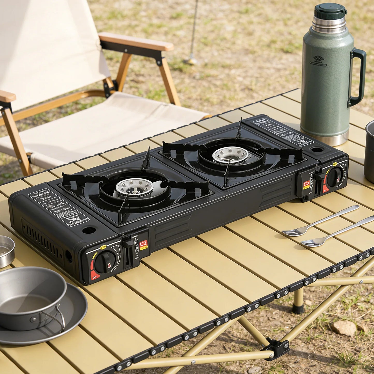 Portable Camping Stove 2 Burner 2500W Each Gas Cooktop Butane LPG Outdoor Picnic Cooking Tabletop Dual Control Overpressure Protection Lightweight Carry Case Fast Heating for RV Patio Hiking