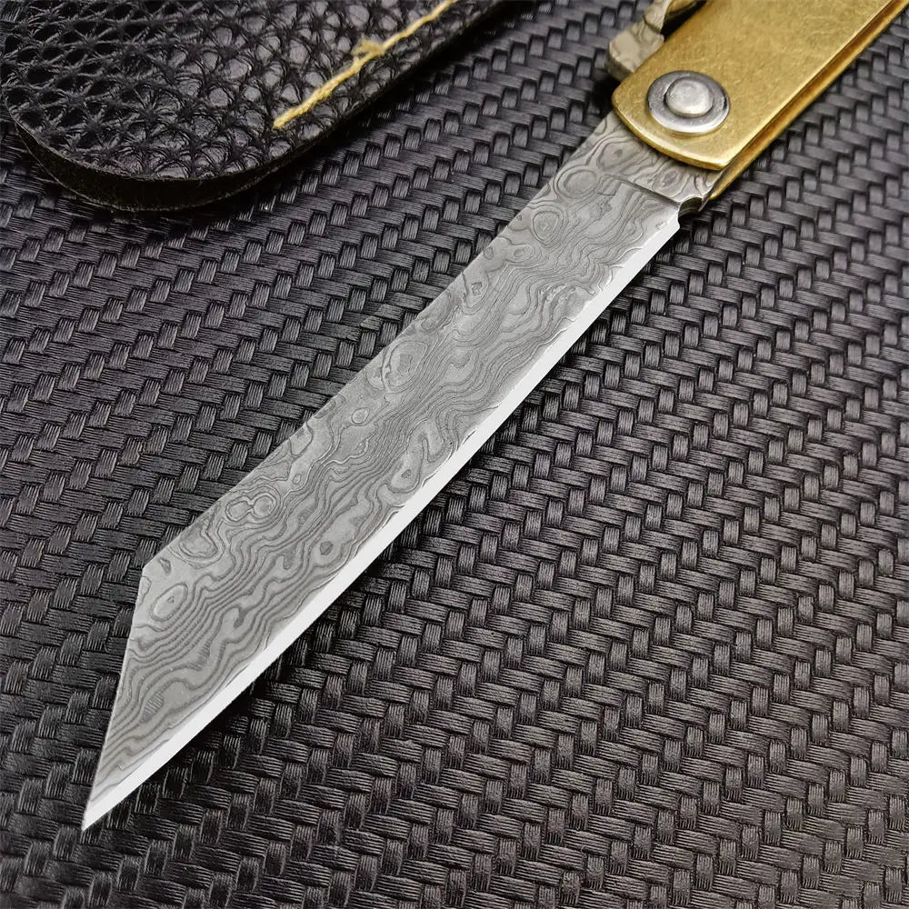 TOP Damascus Steel Blade Outdoor Pocket Knife Brass Alloy Handle and PU Leather Sheath High-Quality Outdoor Camping Cutting Tool