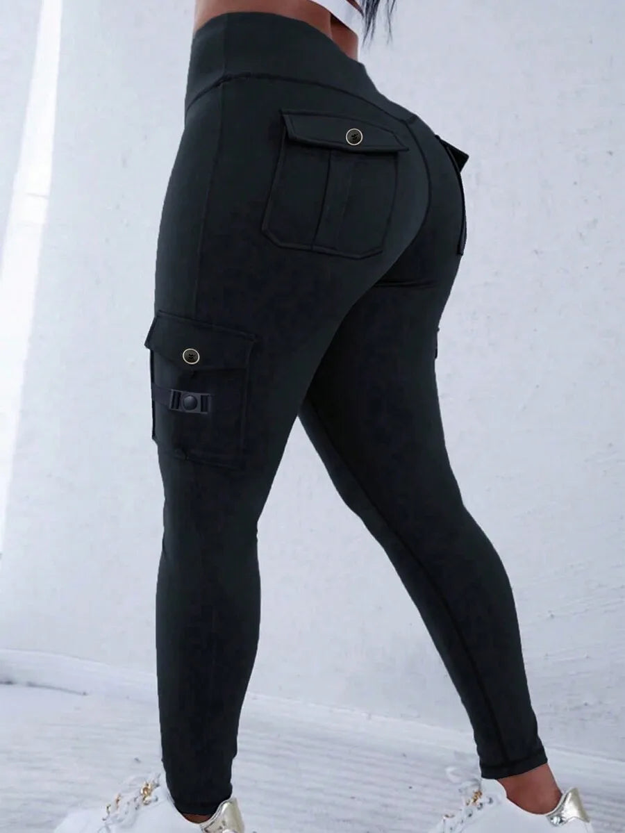 Y2K High Waist Elastic Waistband Flap Pocket Lifting Shaping Sports Leggings Cargo Pants Casual Black Spring
