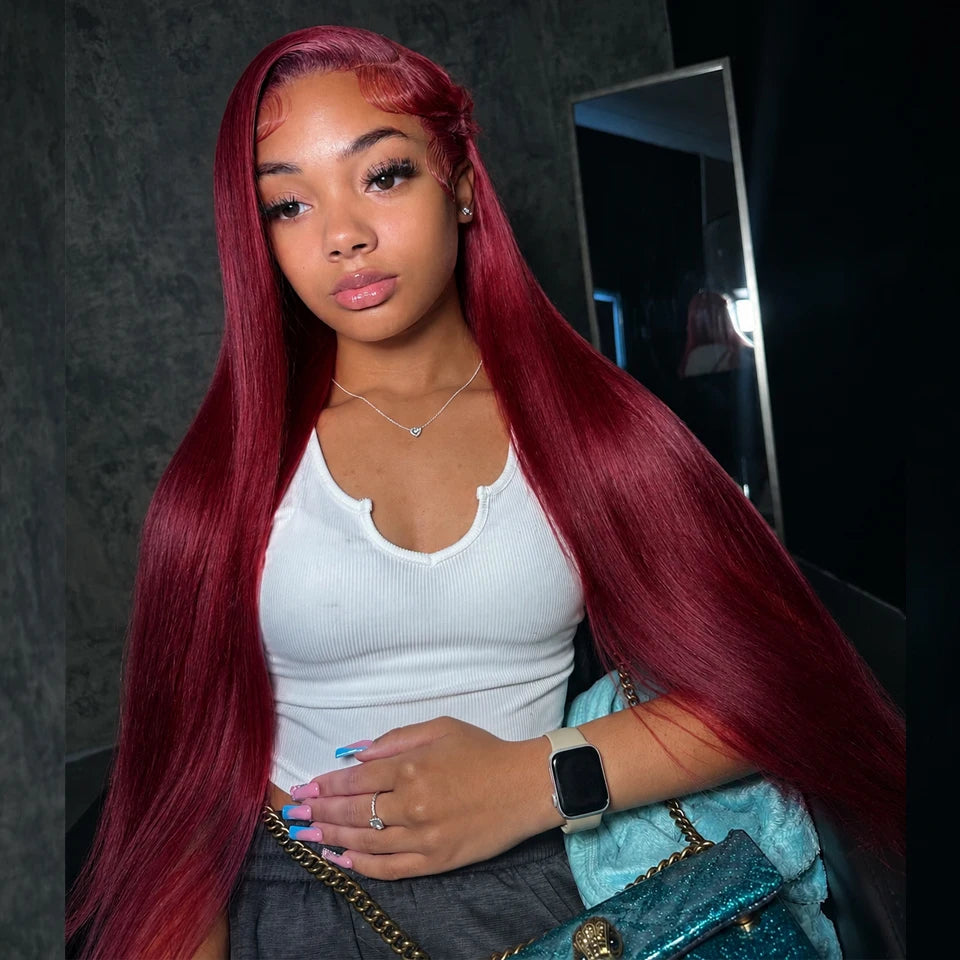 38inch 13x6 HD Lace Front Wig 99J Red Burgundy Colored Human Hair Wigs Straight Human Hair Wigs Transparent Lace Frontal Wigs