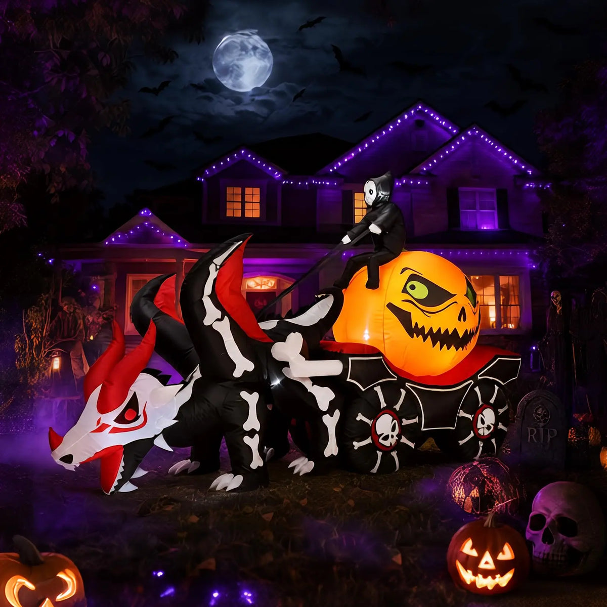 12ft Grim Reaper Dragon Carriage Halloween Inflatable With 3 Led Lights, Outdoor Yard Decoration For Lawn Porch Garden Party Display