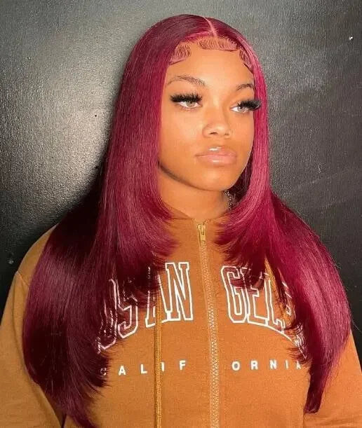 Bone Straight 99J 200% Density 40 Inches 13x6 13x4 HD Transparent Lace Frontal Wig Human Hair Wigs Burgundy Wine Red Pre Plucked For Women Brazilian Hair  Halloween Wig