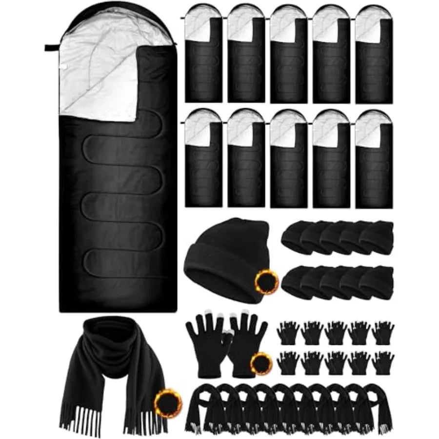 40 Pcs Sleeping Bags for Adult Bulk with Winter Beanie Hat Touch Screen Gloves Scarves Waterproof Cotton Liner Cold Weather