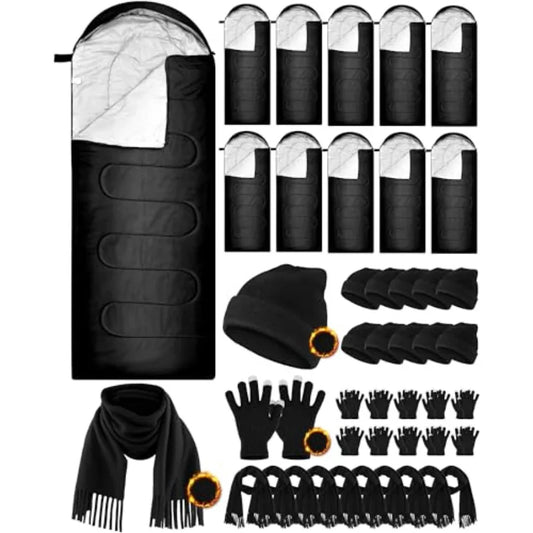 40 Pcs Sleeping Bags for Adult Bulk with Winter Beanie Hat Touch Screen Gloves Scarves Waterproof Cotton Liner Cold Weather