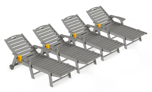 Outdoor Lounge Chair Set of 4, All Weather Patio Chaise Lounge Chairs for Outside, HDPE Chair with Rolling Wheels &, Customized