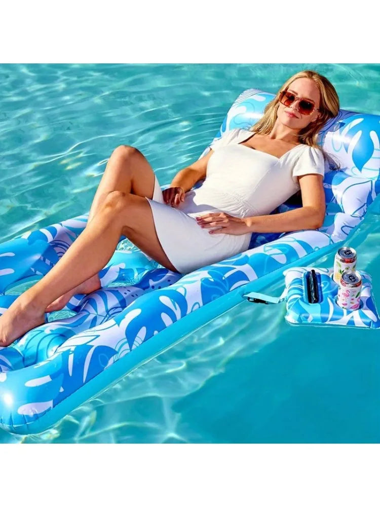 JOYFY Adjustable Backrest Pool Floats-Tropical Leaves Pool Lounger Floaties Adults with Cup Holders Inflatable Tanning Float