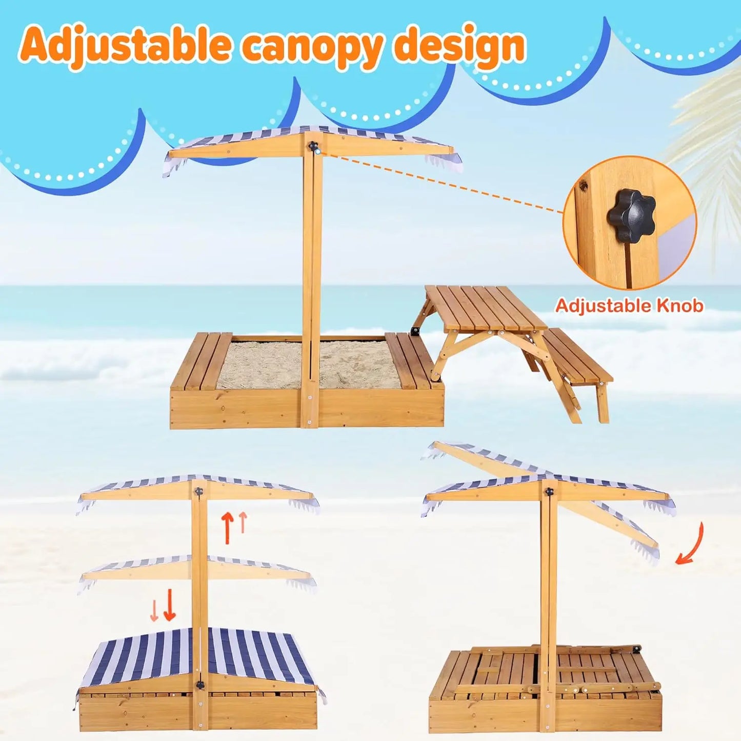 Kids Sandbox with Lid, Outdoor Wooden Sand Boxes with Kids Picnic Table, Sandpit with Cover Canopy, Toddler Outdoor Playhouse with Canopy
