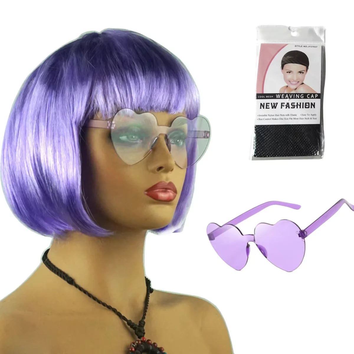 Hot Pink Bob Wig Synthetic Short Straight Bangs Heart Sunglasses Wig Cap Set Halloween Cosplay Costume Party Disco Bachelorette