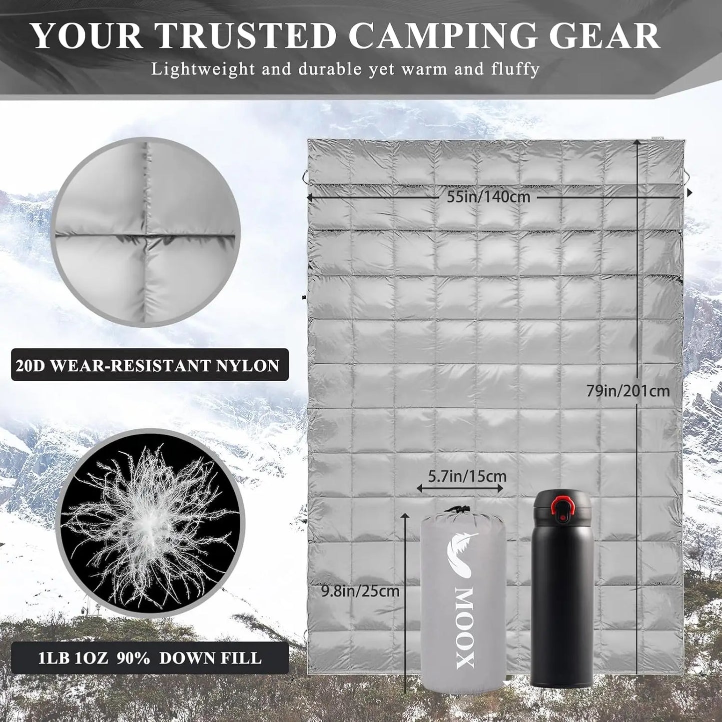 Packable Down Camping Blanket - Lightweight Waterproof Quilt for Backpacking, Hiking, Stadium & Travel, 55x79 Inch Warm Puffy Sleeping Bag Replacement with Water-Resistant Shell, Gray Blue