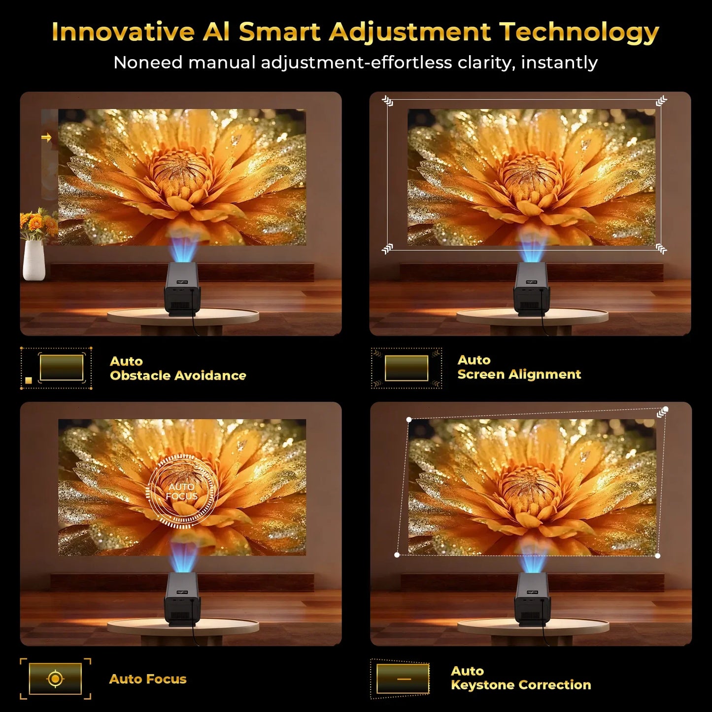 X7 Native 1080P Smart Projector Native 8K 4K Decoding/1000 ANSI/ with Android 14 OS, Compatible with Netflix YouTube, Auto Focus