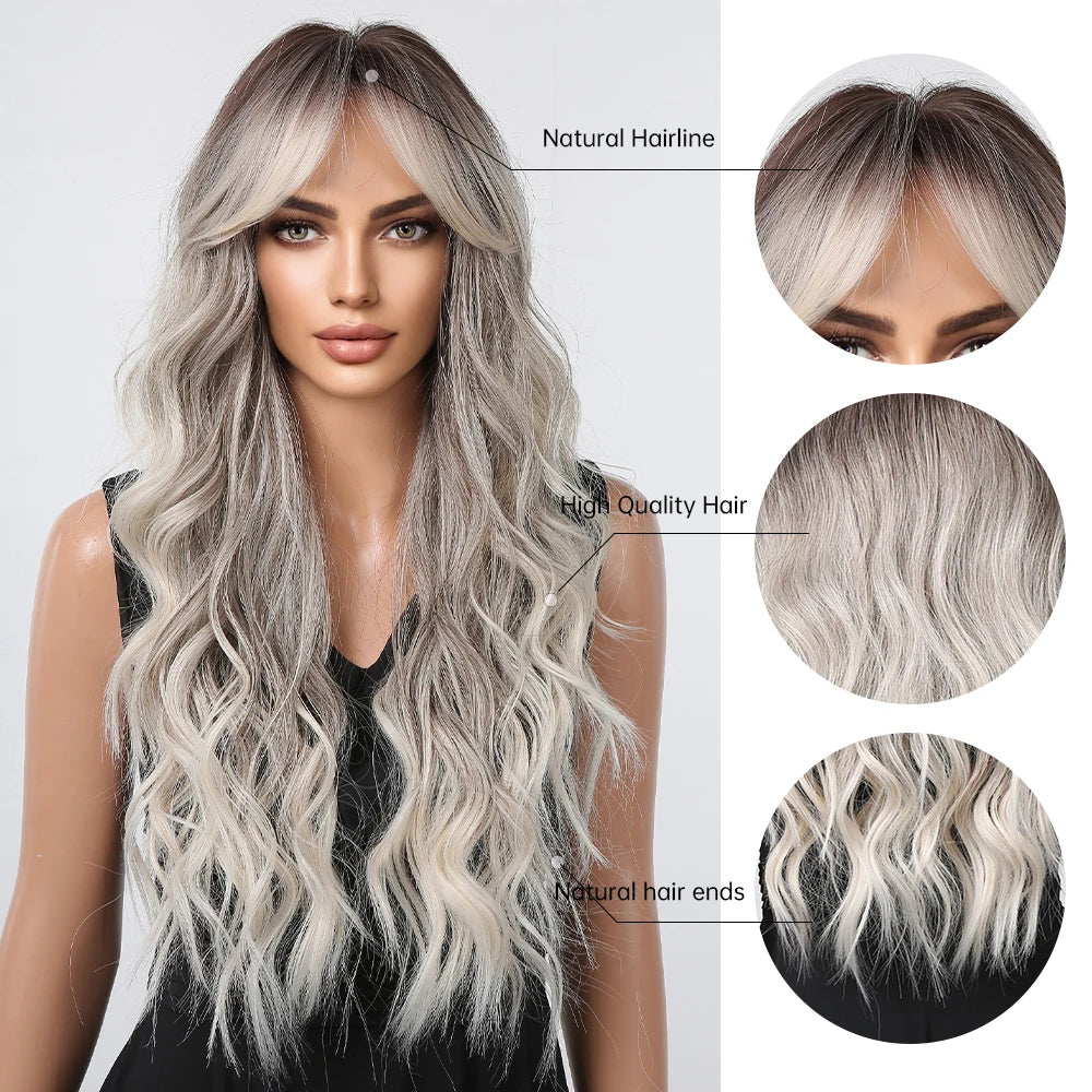 Halloween Wig TopShe Long Ombre Grey Ash Blonde Wavy Curly Synthetic Wig with Bangs Dark Roots Silver Blonde Heat Resistant Hair Wigs for Women Cosplay Costume Party Daily Wear Natural Looking Soft Full Hairpieces Fancy Dress