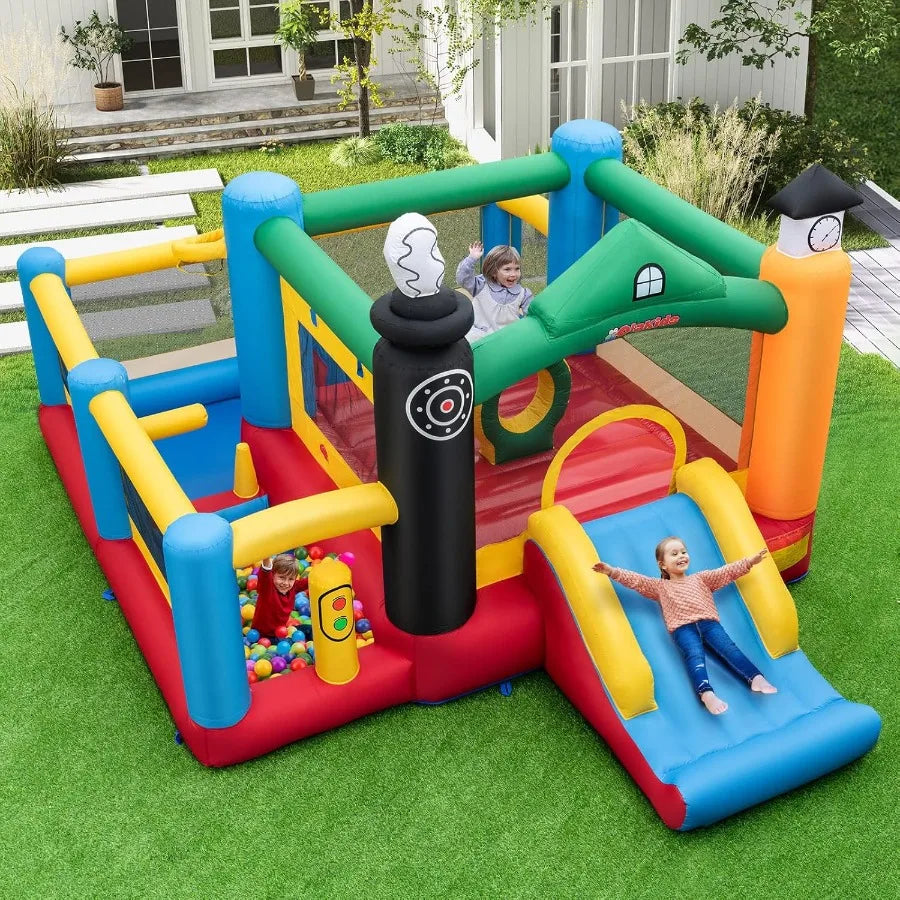 Inflatable Bounce House Train Theme Jumping Castle with Slide Ball Pit Basketball Rim for Indoor Outdoor Use Fun and Safe Inflatable