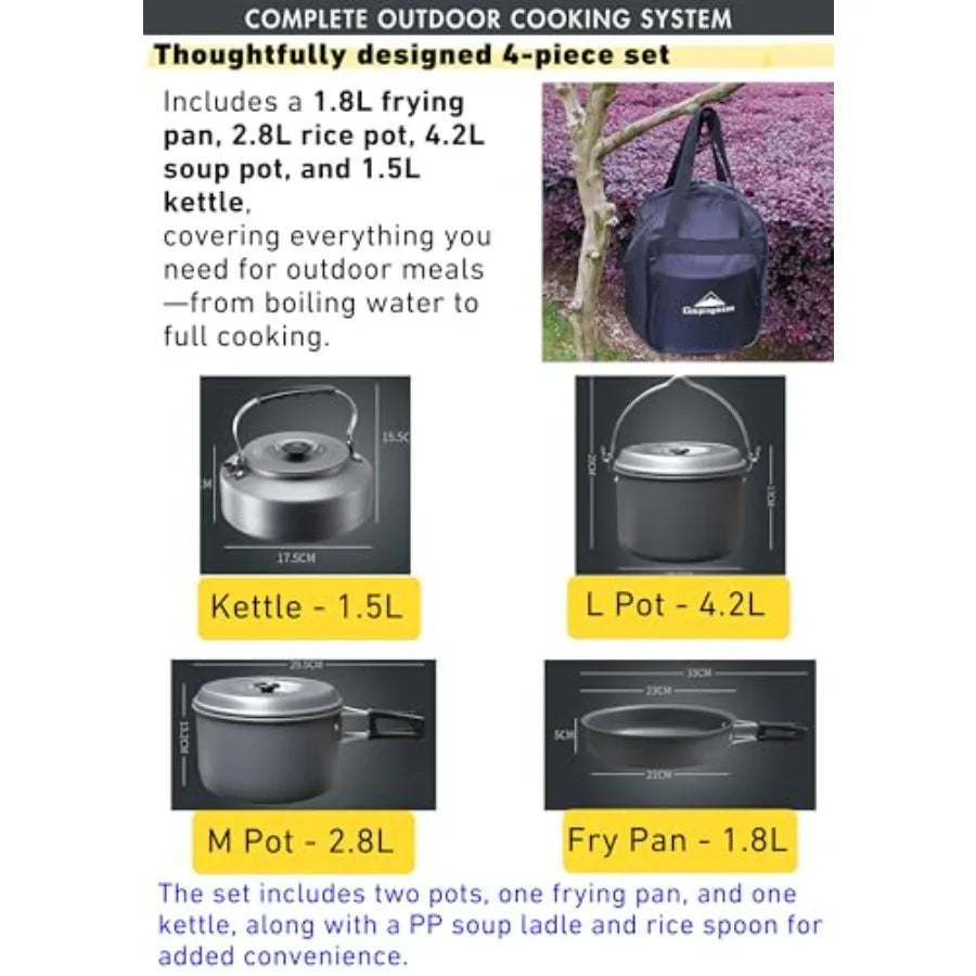 Nesting Camping Cookware Set 4-Piece Lightweight Aluminum Outdoor Cooking Set with 2 Pots Frying Pan Kettle Portable with Carrying