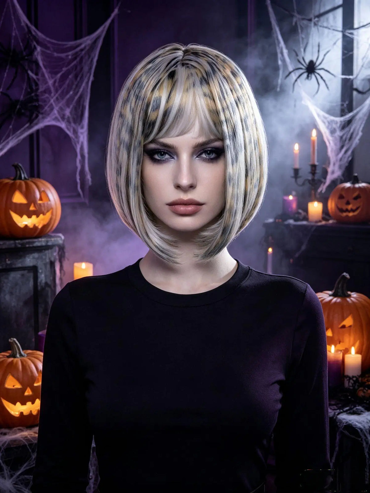 Leopard Print Bob Wig Synthetic Short Straight Bangs Animal Cheetah Pattern Costume Wig Halloween Cosplay Party Carnival Wild