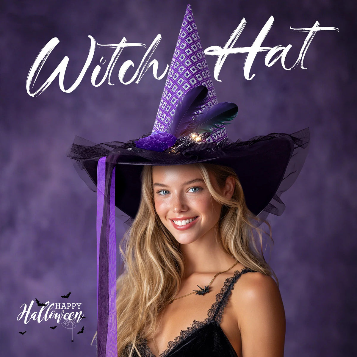 Women Halloween Witch Hat, 6 Styles Black Orange Purple Pointed Witch Hats with Spider Web Lace, Flower, Feather and LED Light Decor, Halloween Party Cosplay Costume Accessory
