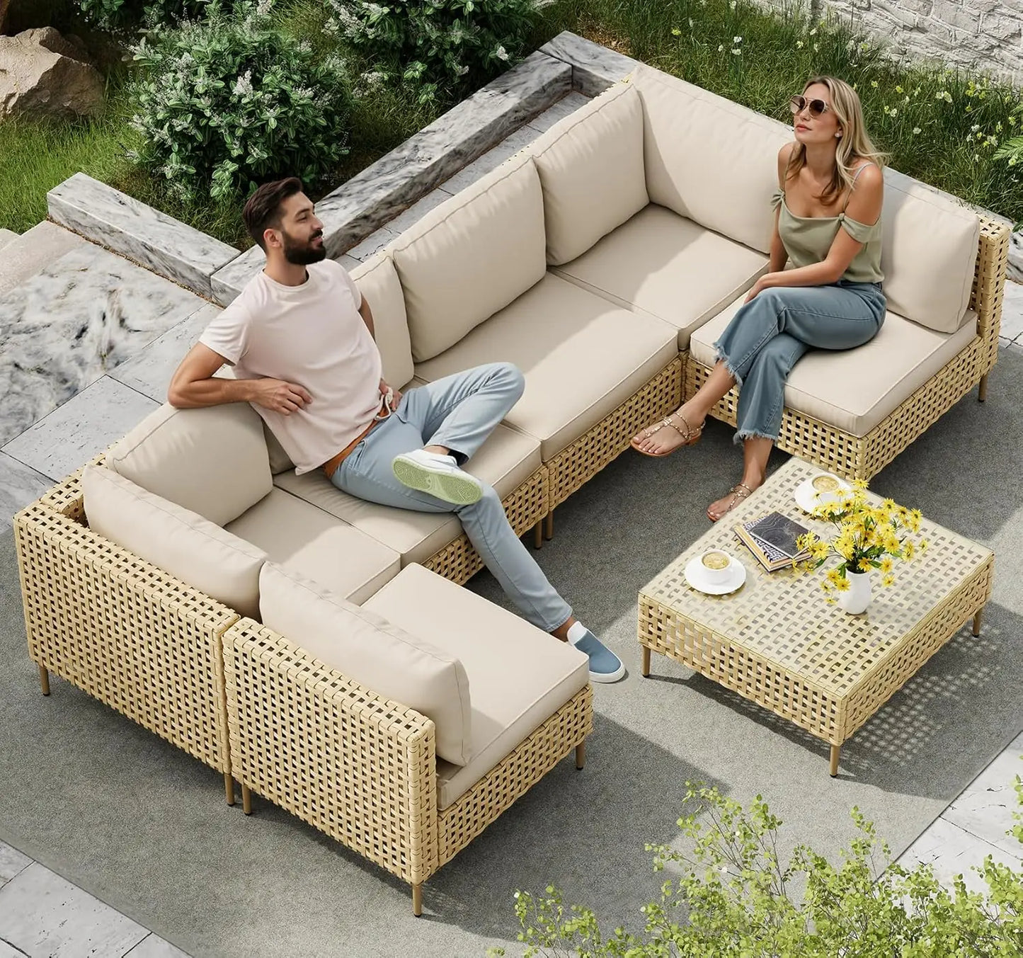 7 Piece Wicker Outdoor Sectional Sofa Set with Coffee Table All Weather Cushions Backyard Porch Large Hand Knitting, Customized