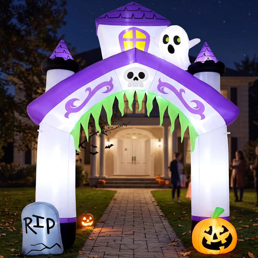 10FT Tall Halloween Inflatables Giant Haunted House Castle Archway Outdoor Decoration with Built-in LED Lights, Blow Up Arch Decor for Outdoor Yard Lawn Garden Party, Spooky Halloween Decor