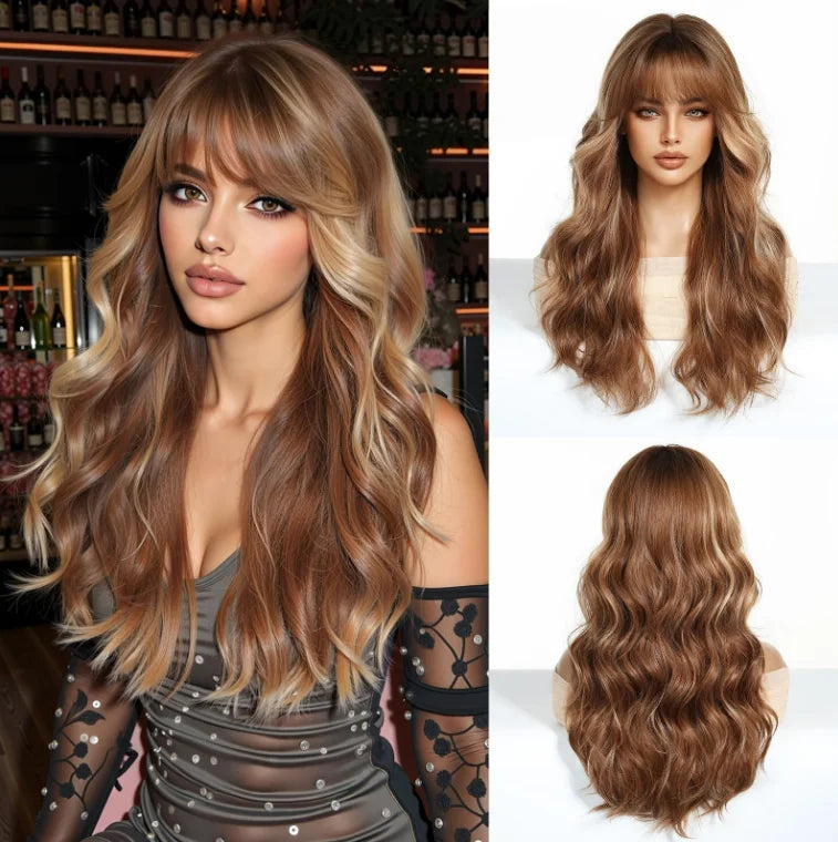 Halloween Wig 24 Inch Long Synthetic Wig with Bangs Auburn Brown Blonde Heat Resistant for Woman Dimensional Highlights Soft Layered Waves Curly Wavy Hair Wigs for Women Cosplay Costume Party Daily Wear Natural Looking Volumi