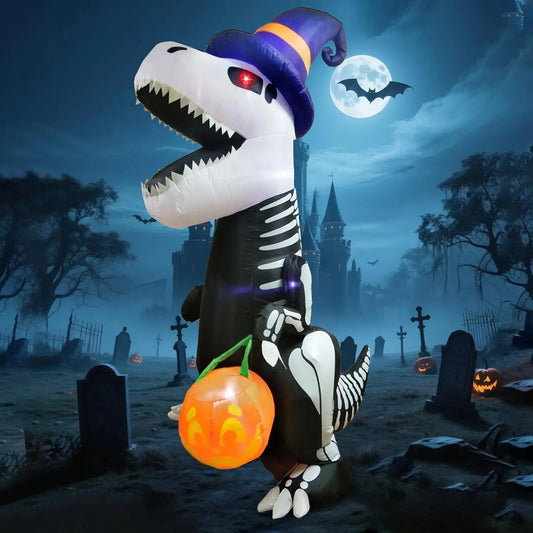 Halloween 8 FT Tall Skeleton Dinosaur Inflatables Outdoor Decorations Halloween Blow Ups for Yard, Inflatable Skeleton Dinosaur with Pumpkin for Outside Garden Decor