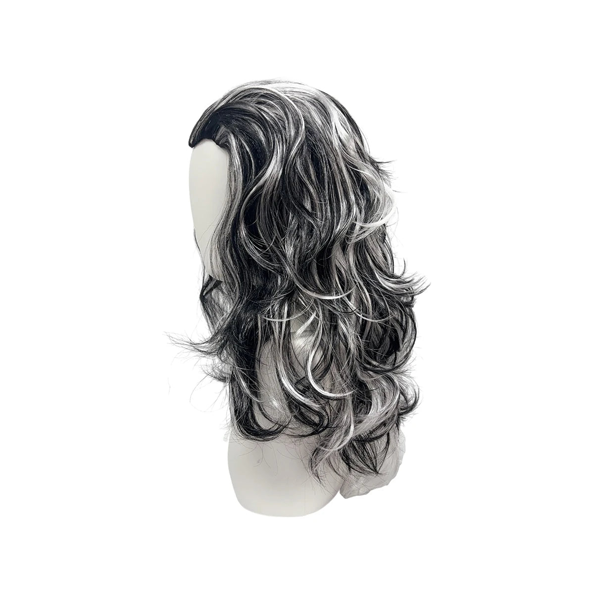 Black Silver White Highlights Premium Synthetic Fiber Long Curly Wig Big Waves Fluffy Voluminous Messy Layered Hair with Bangs Side Part Heat Resistant Adjustable Cap for  Cosplay Party Halloween Costume Role Play Stage Show