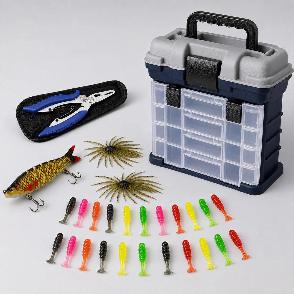 YJ Fishing Tackle Box Kit with Fishing Pliers 4-Tier Multi-Functional Fishing Handheld Storage Box Adjustable Dividers Portable Fishing Tackle Lure Tool Box Arts Crafts