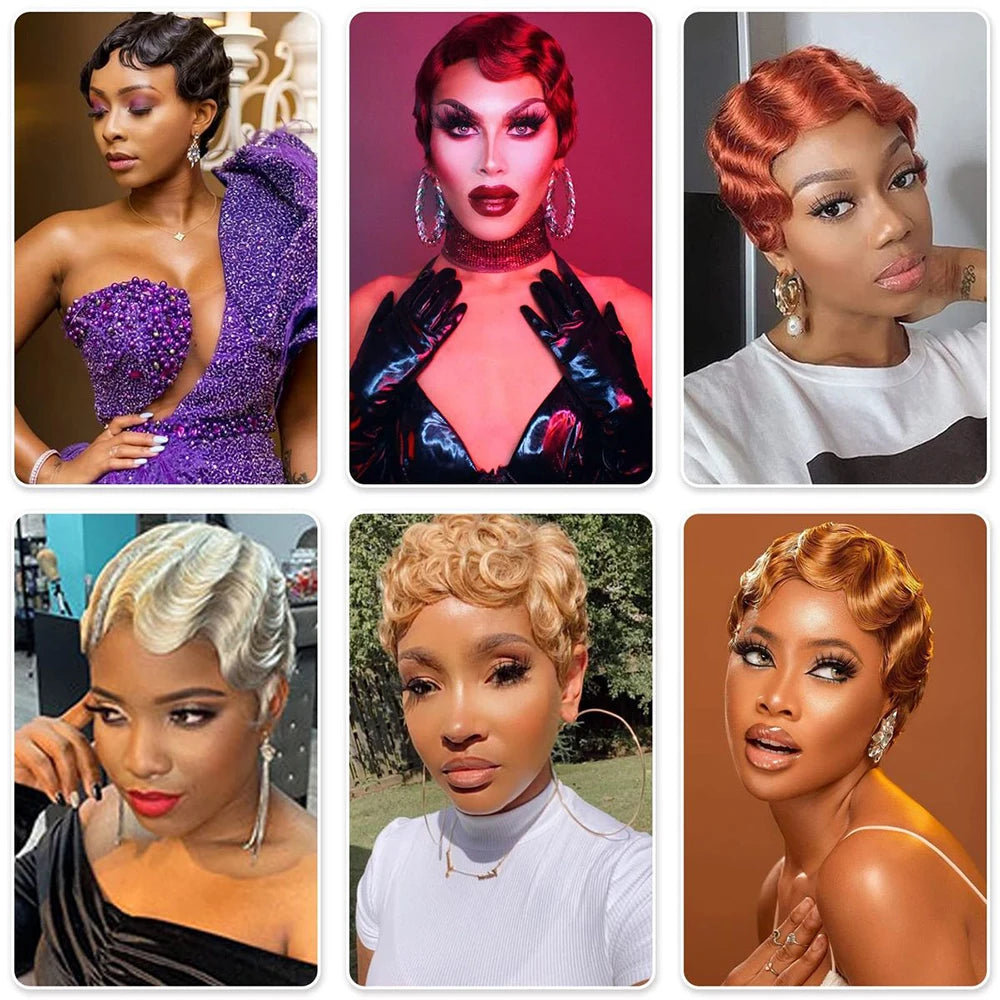 Finger Wave Wig Short Mommy Hair Curly Wigs for Black Women Lady Wig Cosplay Costume Halloween Party Pixie Cut Wig Human Hair